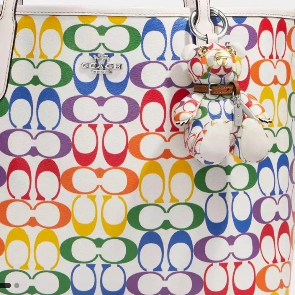 New Coach Bear Bag Charm In Rainbow Signature Canvas